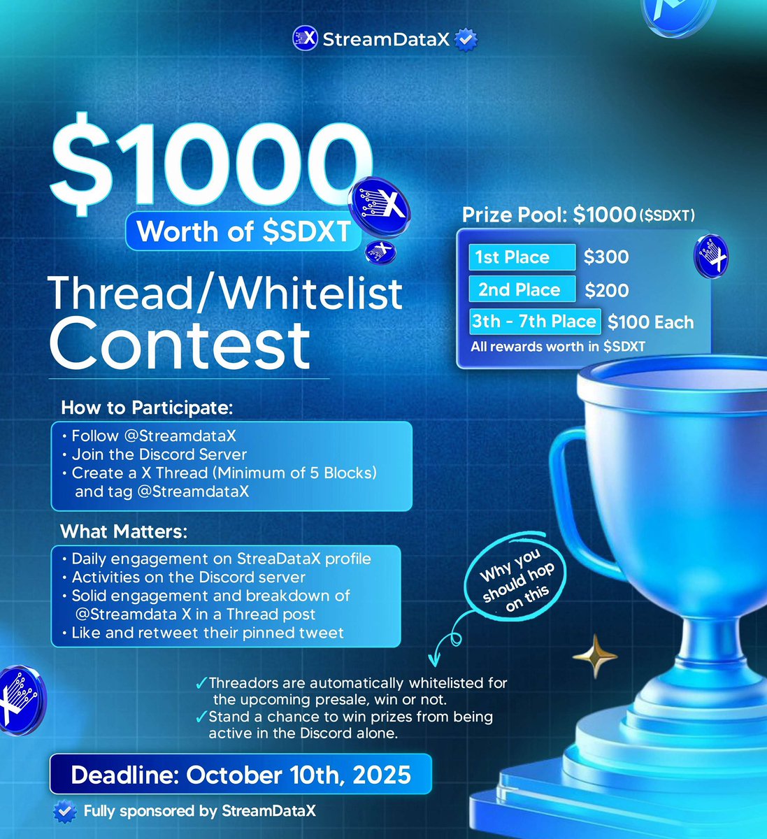 StreamdataX's tweet image. 𝐀 𝐖𝐇𝐎𝐏𝐏𝐈𝐍𝐆 $1,000 In $SDXT 𝐓𝐇𝐑𝐄𝐀𝐃 𝐂𝐎𝐍𝐓𝐄𝐒𝐓
 
Presale coming October 15th 2025 at 12am EST 

So get whitelisted if you have done so:

docs.google.com/forms/d/1Gk3Fu…

How To Participate:
→ Follow @streamdatax
→ Compulsory to Retweet This and Tag 3 Friends 
→ Join…