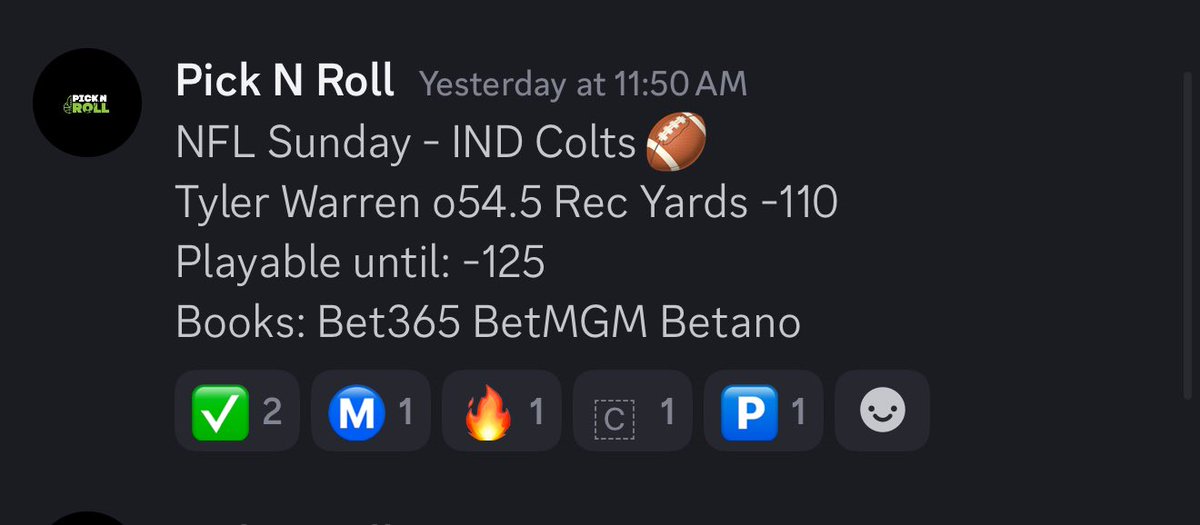 PnRbets's tweet photo. Our discord sent our Tyler Warren o54.5 receiving yards -110 yesterday! 
Today industry leaders are at: 

Pinnacle: o57.5 -142
FD: o60.5 -114
BetOnline: o60.5 -114

Not even the end of the work week and the value is showing 🫡😮‍💨 https://t.co/CYvae0eknv