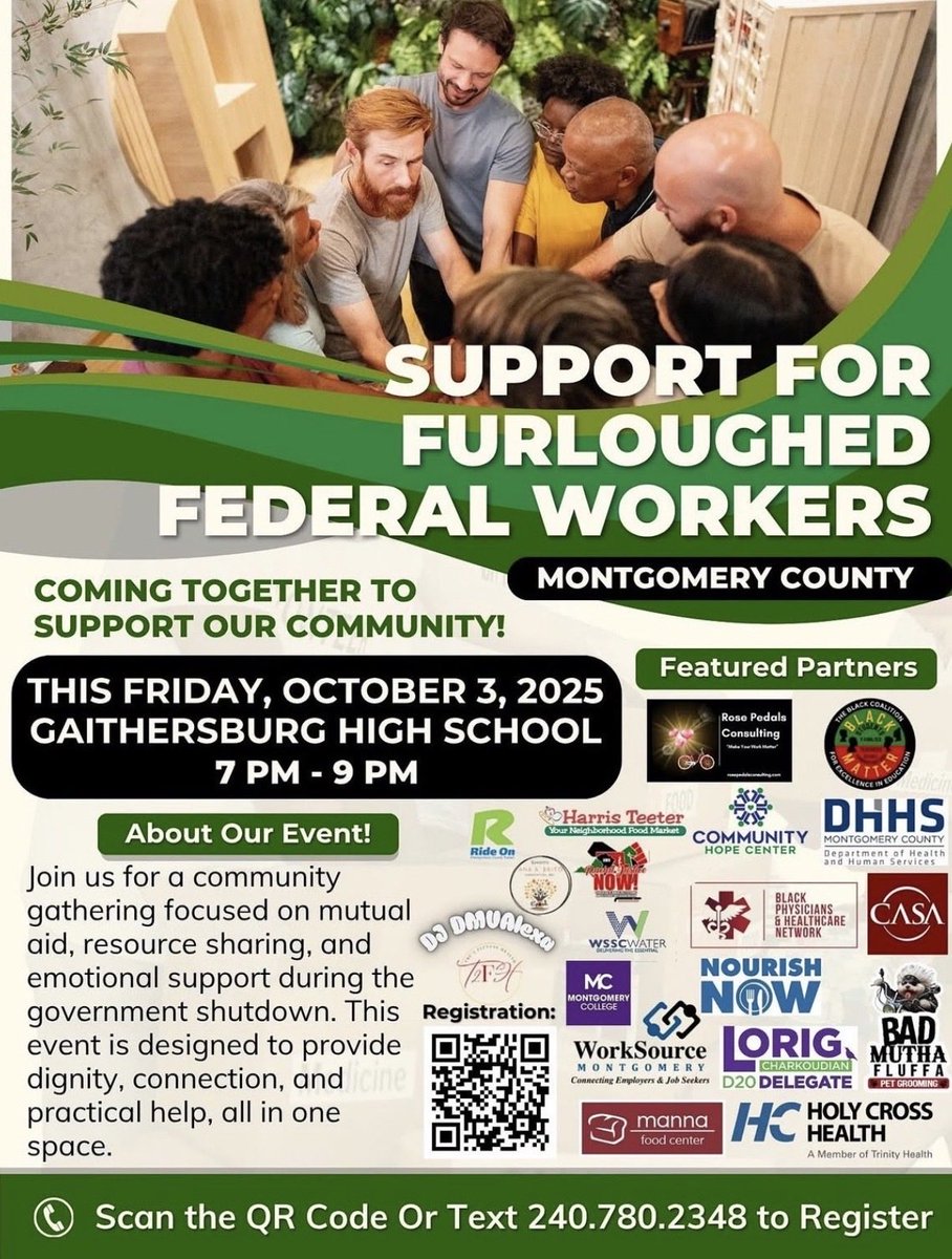 Federal workers &amp; families—we’ve got your back! 💙
📍 Gaithersburg High School
🕖 TONIGHT | 7–9 PM
🤝 Resources | Mutual Aid | Community
👉 Register: ow.ly/ehHa50X69rZ
✨ Please RT/Share—let’s show up for each other! ⁦<a href="/montgomerycoll/">Montgomery College</a>⁩ #WorkSourceMoCo