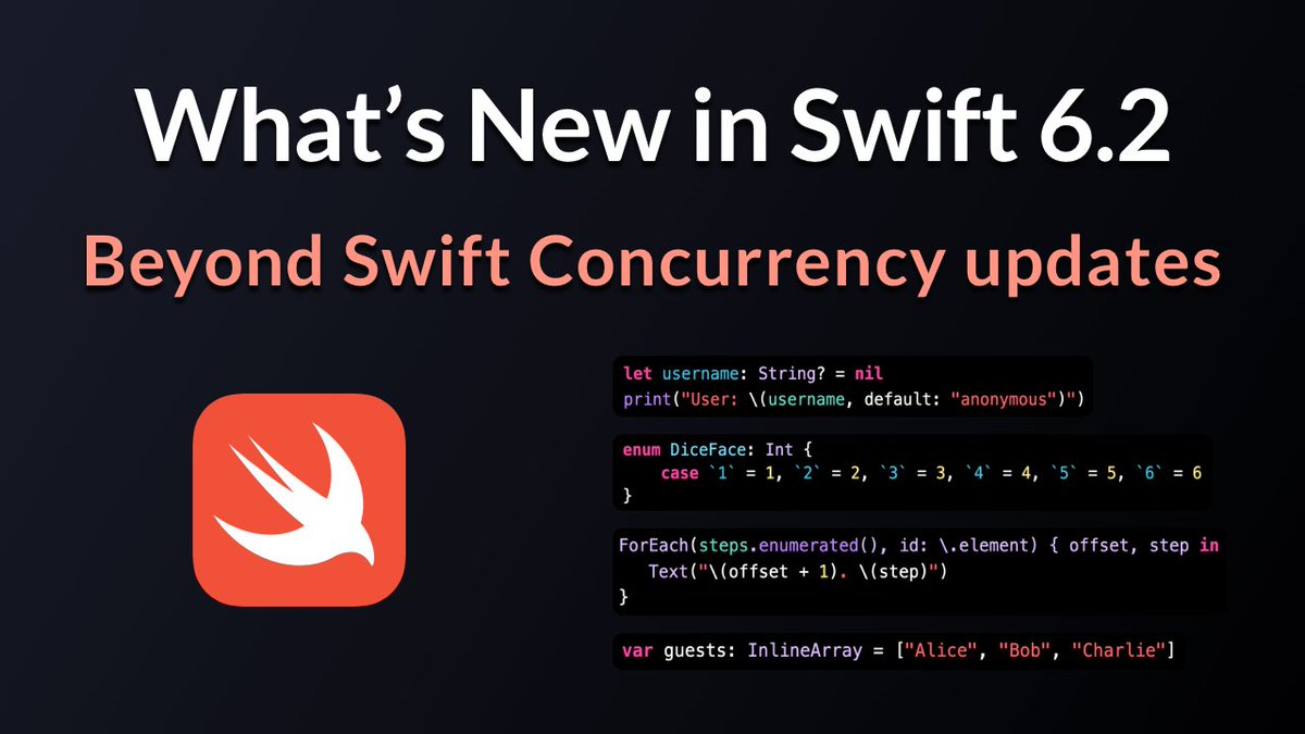 Swift 6.2 is here with iOS 26 and Xcode 26, and while most of the focus is on concurrency, there are other noteworthy changes and improvements too. Get up to speed with the non-concurrency updates in Swift 6.2:
▶️ youtu.be/0hI_4OWN31o