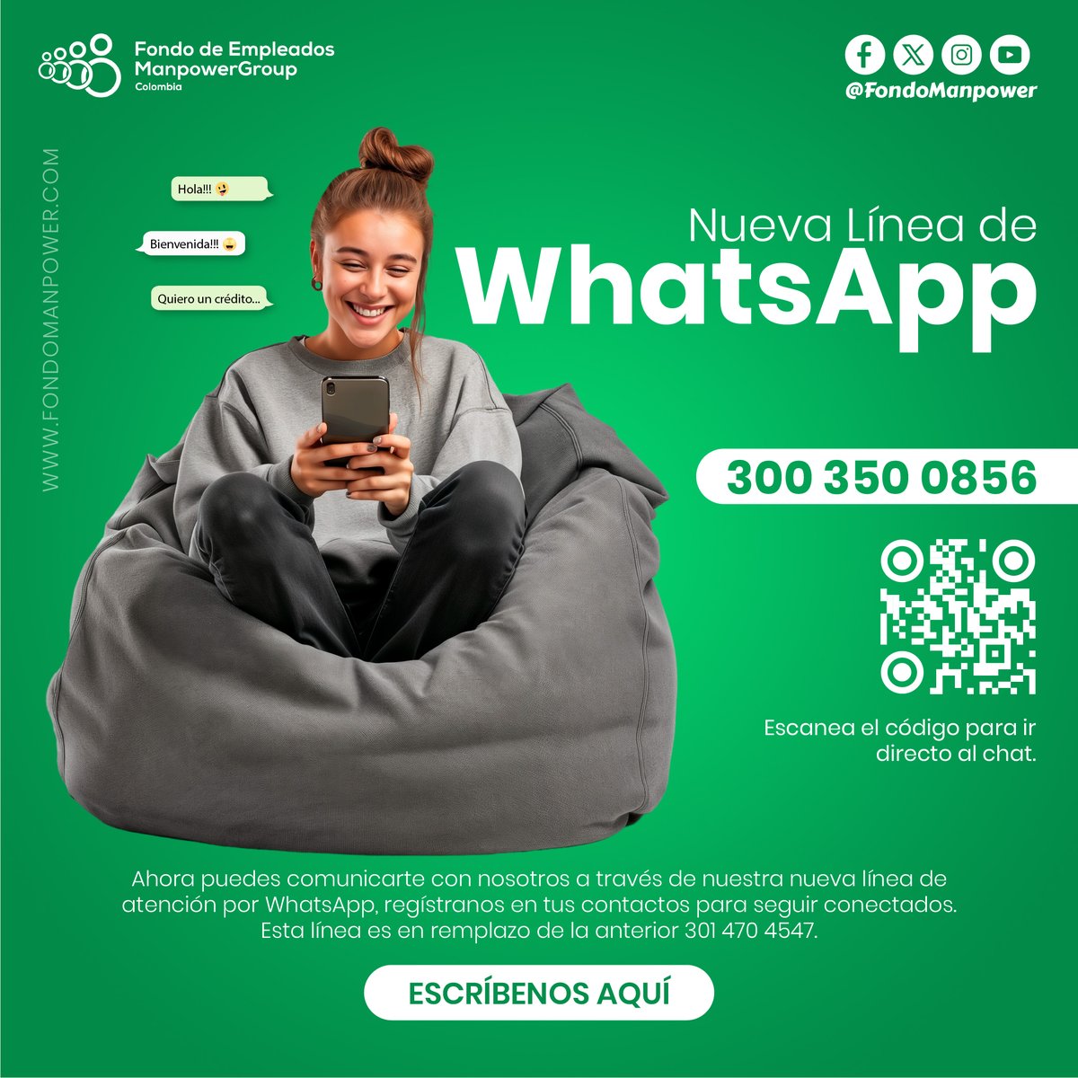 FondoManpower's tweet photo. 📢 ¡Atención! Nuestra línea de WhatsApp cambió.

Ahora puedes comunicarte con nosotros al 300 350 0856.

💬 Escríbenos y recibe la atención de siempre. https://t.co/dePk4shpSm