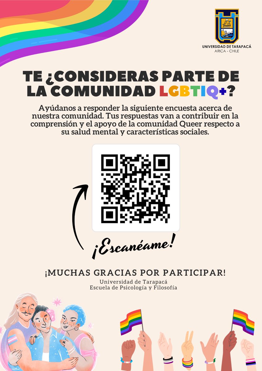 Holaaa estoy promoviendo esta encuesta de caracterización y salud mental en comunidad LGBTIQ+ como parte de mi proyecto de tesis, agradecería a todas las personas que pudiesen responderla 💞

Requisitos:
-Residir en Chile
-Ser mayor de 18 años
-Ser parte de la comundidad LGBTIQ+