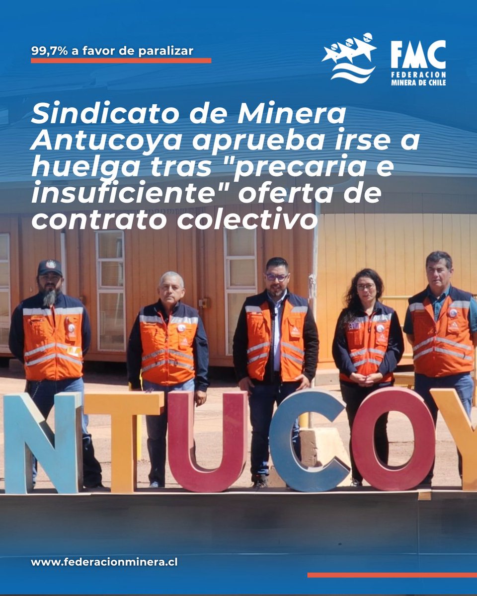 ⛏️ El Sindicato de Trabajadoras y Trabajadores de Minera Antucoya en Antofagasta aprobó la huelga legal tras rechazar la última oferta: 100% de participación y 99,71% a favor (680 votos).

Lee la nota ➡️ buff.ly/jjTzkDl