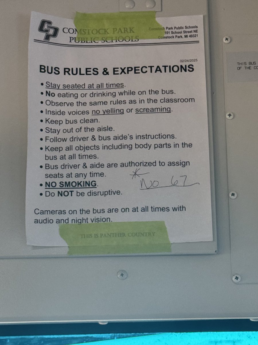 CoachSamz's tweet photo. New addition to the school bus rules in our district. #No67 #67 https://t.co/1j2D7J5iA8