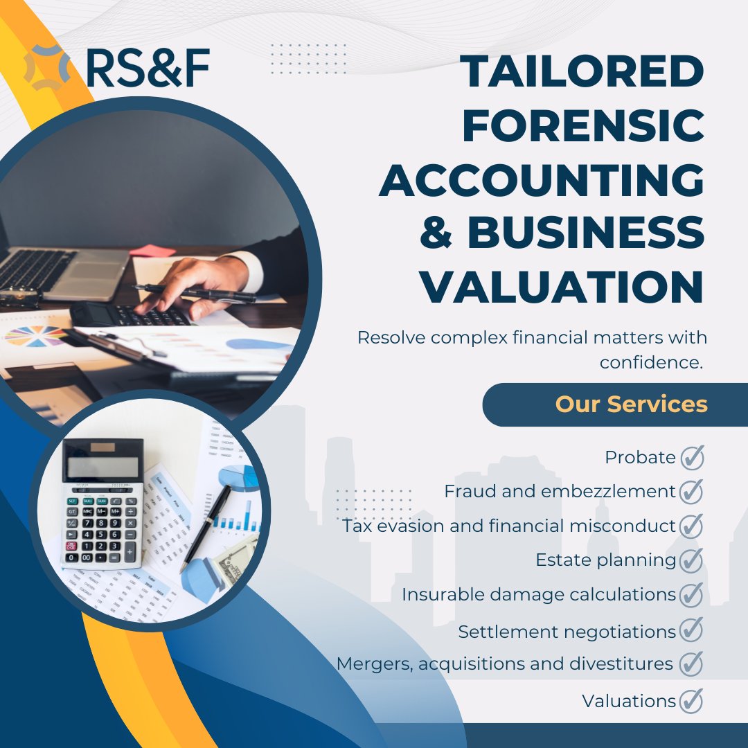RSandFLLC's tweet photo. When companies or individuals face financial loss or need to address an economic claim, determining an accurate valuation can be challenging. 

Contact our team today to learn how we can support your case and make informed decisions with confidence. 

#ForensicAccounting  #RSF https://t.co/tQW2Leim27