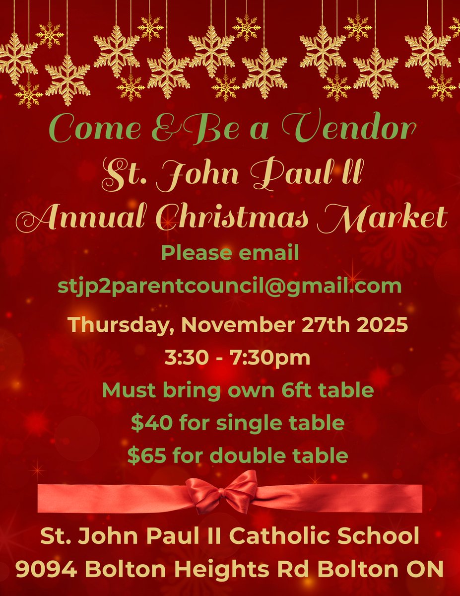 SJP Community please share with all! We are hosting our 9th Annual Christmas Market on November 27th at the school from 3:30-7:30pm. As always this event is open the whole community, please share with family and friends. If anyone is interested in being a vendor please reach out!