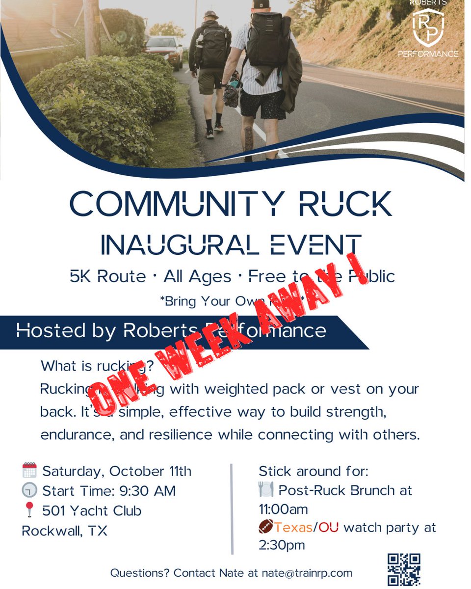trainRP's tweet photo. 👟One Week Away!
Sat, Oct 11 | 9:30 AM
📍 501 Yacht Club, Rockwall TX
5K • Free • All Ages
🍳 Brunch 11 AM | 🏈 Texas/OU 2:30 PM
👉 Just show up. 
#RuckWithUs #RockwallTX #TrainRP https://t.co/s5jQY15yt8