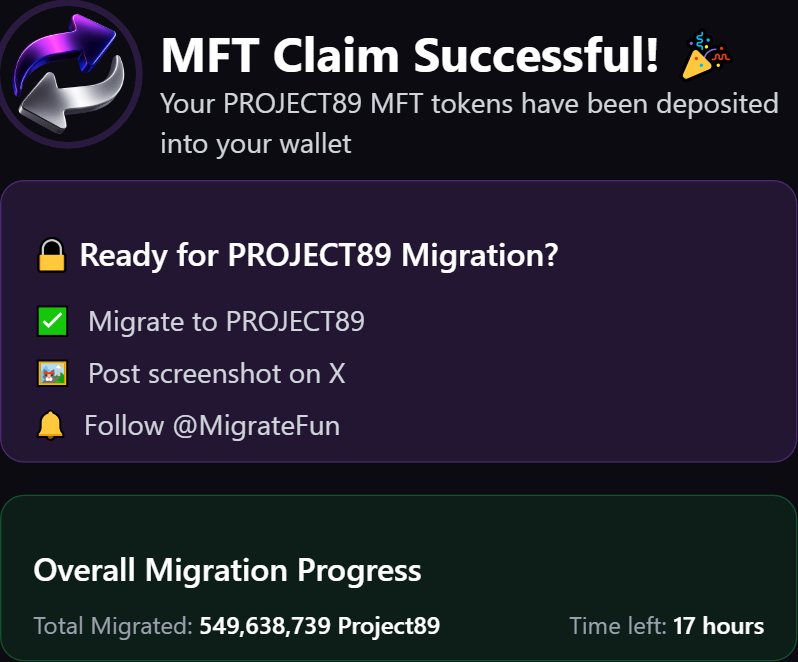 ctrl_node's tweet image. Just migrated from $Project89 to $PROJECT89 on @MigrateFun!

Locked in for PROJECT89 Migration 🔒

🫨 549M+ tokens already migrated
⏳ 0 days left to grab your share