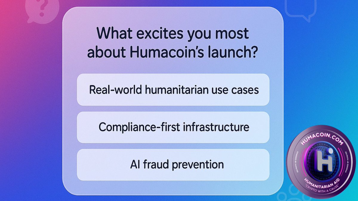 TeamHumatek's tweet image. What excites you most about Humacoin’s launch? 

Real-world humanitarian use cases, compliance-first infrastructure  or AI fraud prevention?