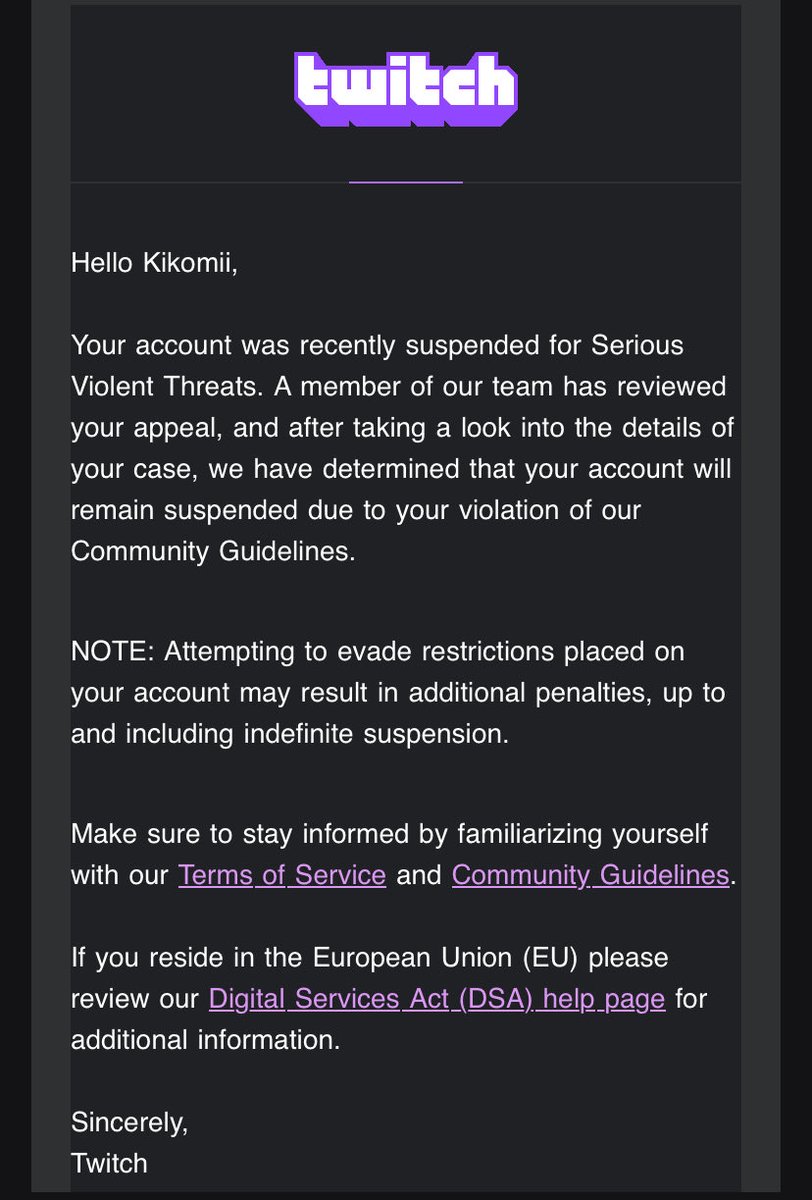 KikomiiEN's tweet photo. Guys they literally refuse to give me a reasoning and won’t unban me I’m shaking right now I worked so hard to get where I am and it’s all going down the drain please @Twitch @TwitchSupport https://t.co/f8mE4hRFva