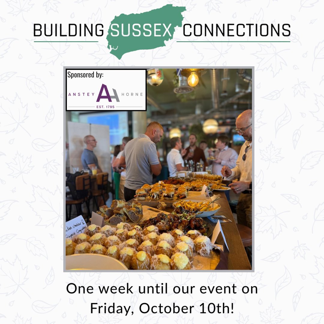 It's one week until our next networking event on Friday October 12th, sponsored by <a href="/AnsteyHorne/">AnsteyHorne</a>!

We can't wait to see all of you.

Remember to RSVP at info@buildingsussexconnections.com to be added to our guestlist!

<a href="/Bakerwell_Ltd/">Bakerwell</a> <a href="/SEACompliance/">SEACompliance</a>