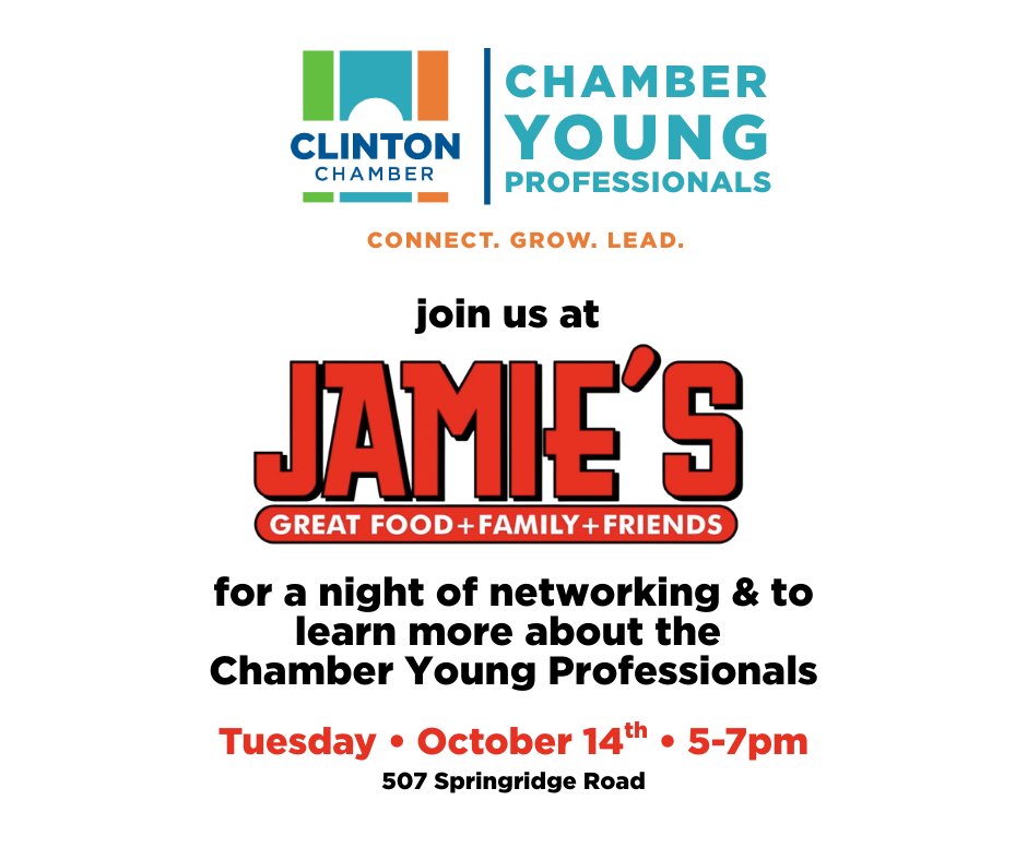 Join the Chamber Young Professionals for an evening of networking and learn more about this new program! Thank you Jamie’s for hosting us.