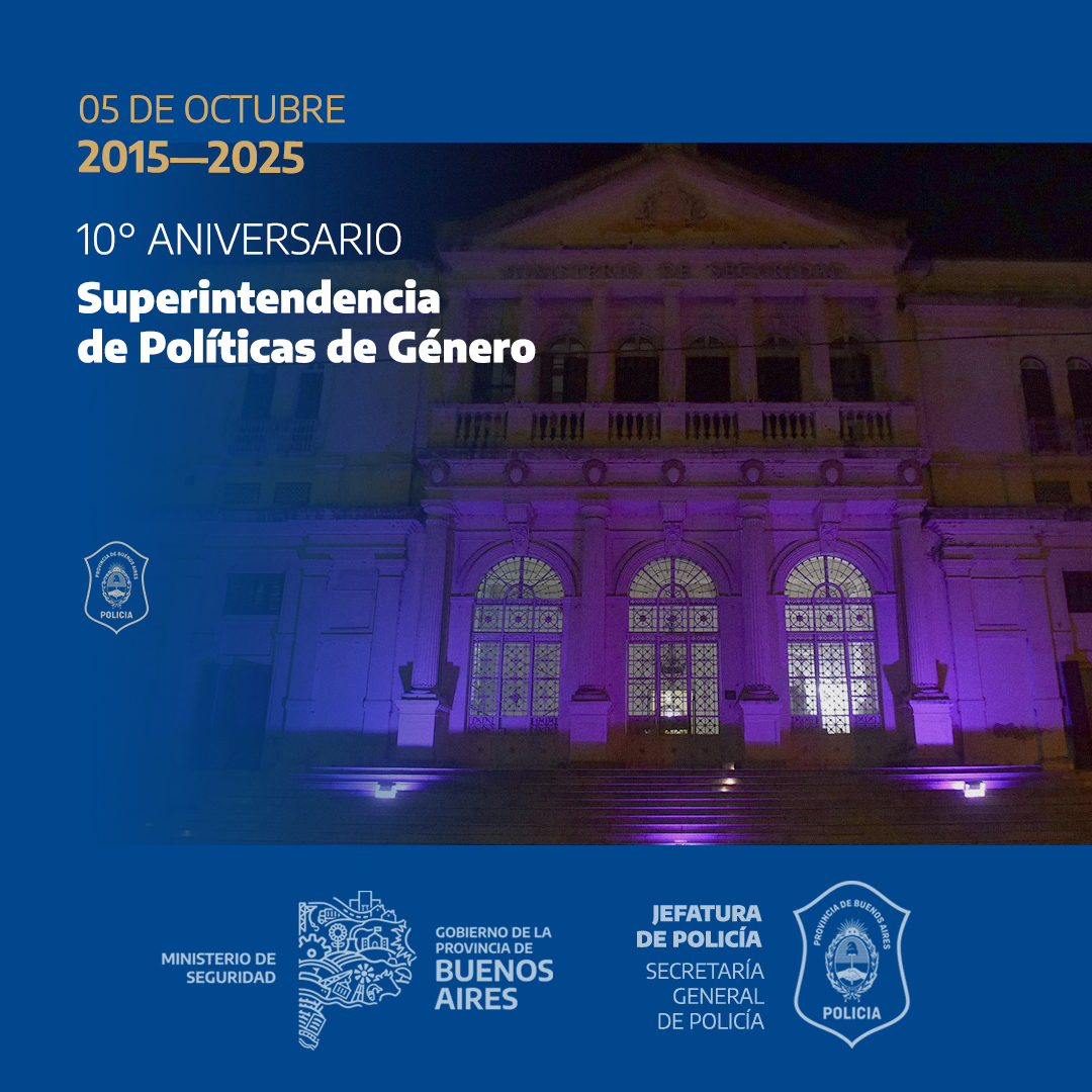 Hoy se cumple el 10° Aniversario de la Superintendencia de Políticas de Género. Creada el 5 de octubre de 2015 con el fin de profundizar las políticas en materia de seguridad y de violencia de género.

#PolicíaPBA #SuperintendenciaPolíticasdeGénero👮🏻‍♀️👮🏻‍♂️