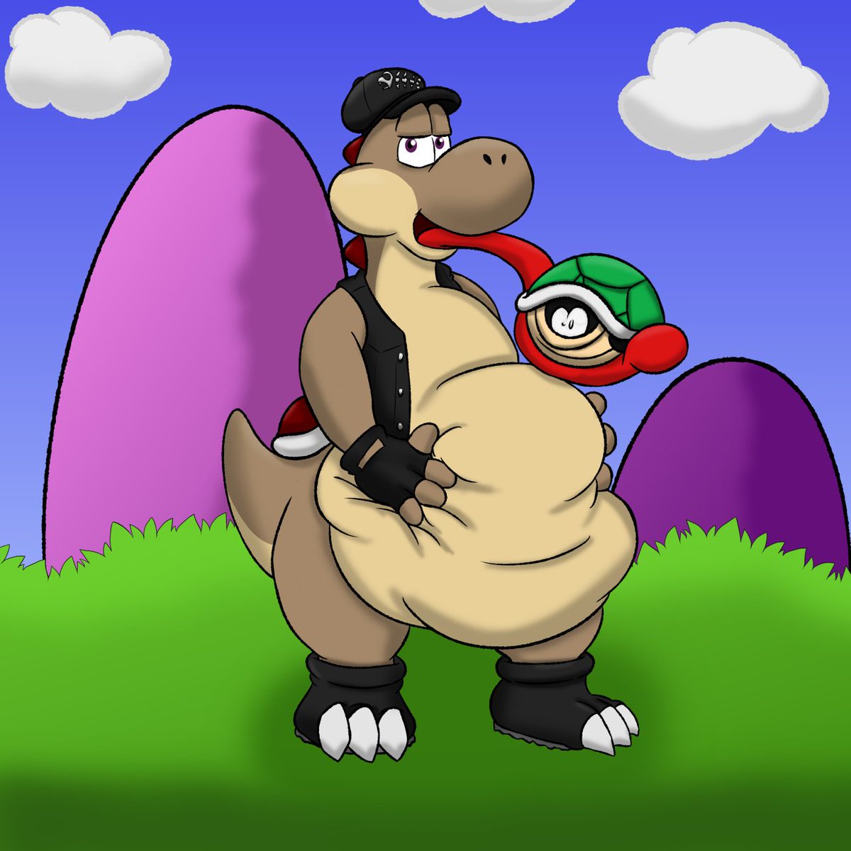 DatBlueYoshi's tweet image. I'll just repost since Twitter buried this one yesterday. Here's my otter Ollie as a Yoshi, putting his new Yoshi abilities to good use. Also did a purple variant but was too lazy to change the background colors so it blends in a bit.
