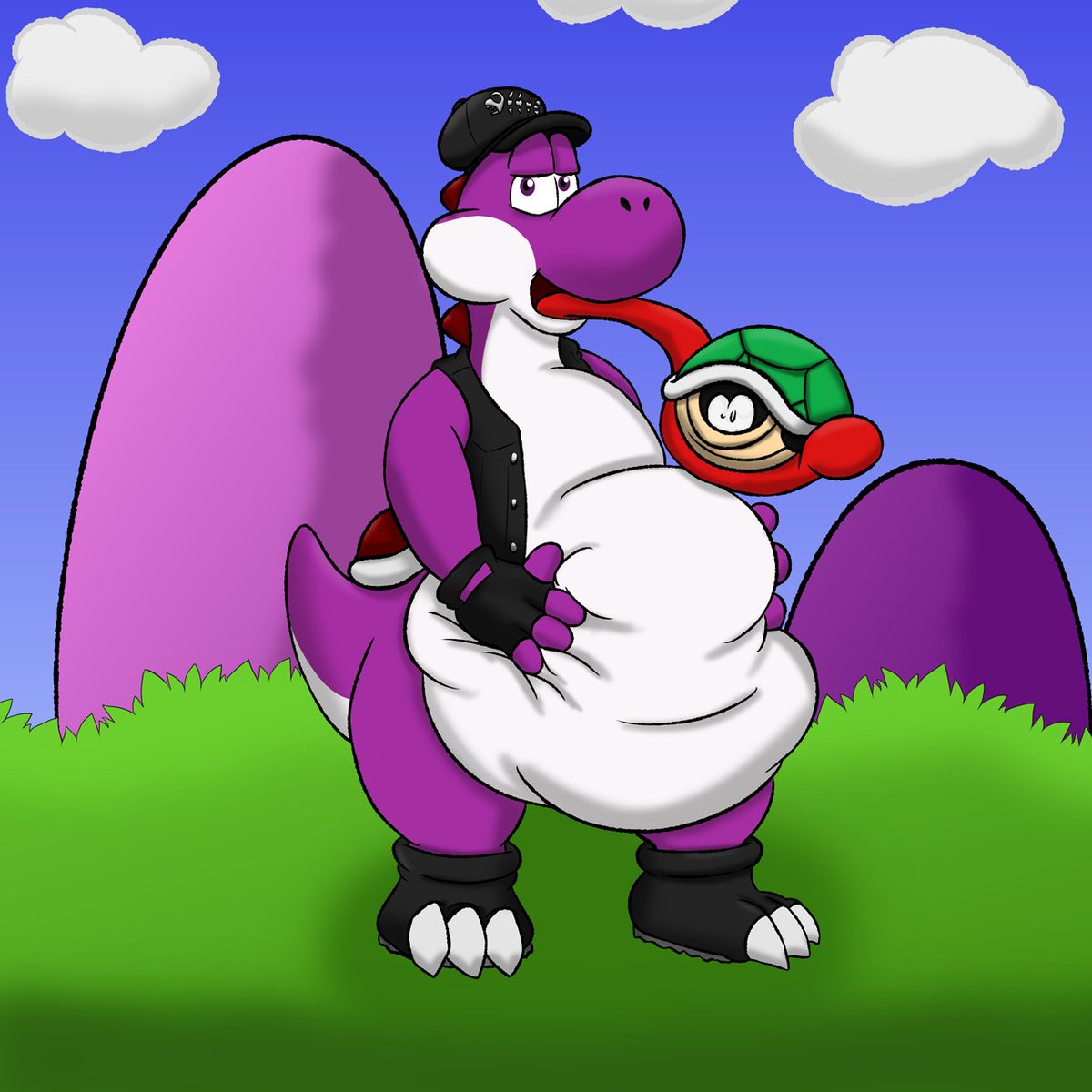 DatBlueYoshi's tweet image. I'll just repost since Twitter buried this one yesterday. Here's my otter Ollie as a Yoshi, putting his new Yoshi abilities to good use. Also did a purple variant but was too lazy to change the background colors so it blends in a bit.