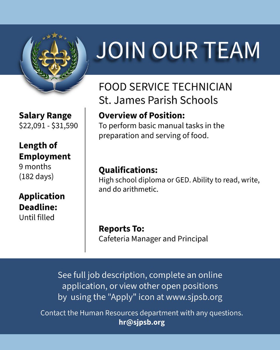 JOIN OUR TEAM! We are accepting applications for the following positions!

🔵 FOOD SERVICE TECHNICIAN

🔵 PARAPROFESSIONAL

To apply, please visit applitrack.com/stjames/online…

#ThePlaceToBe