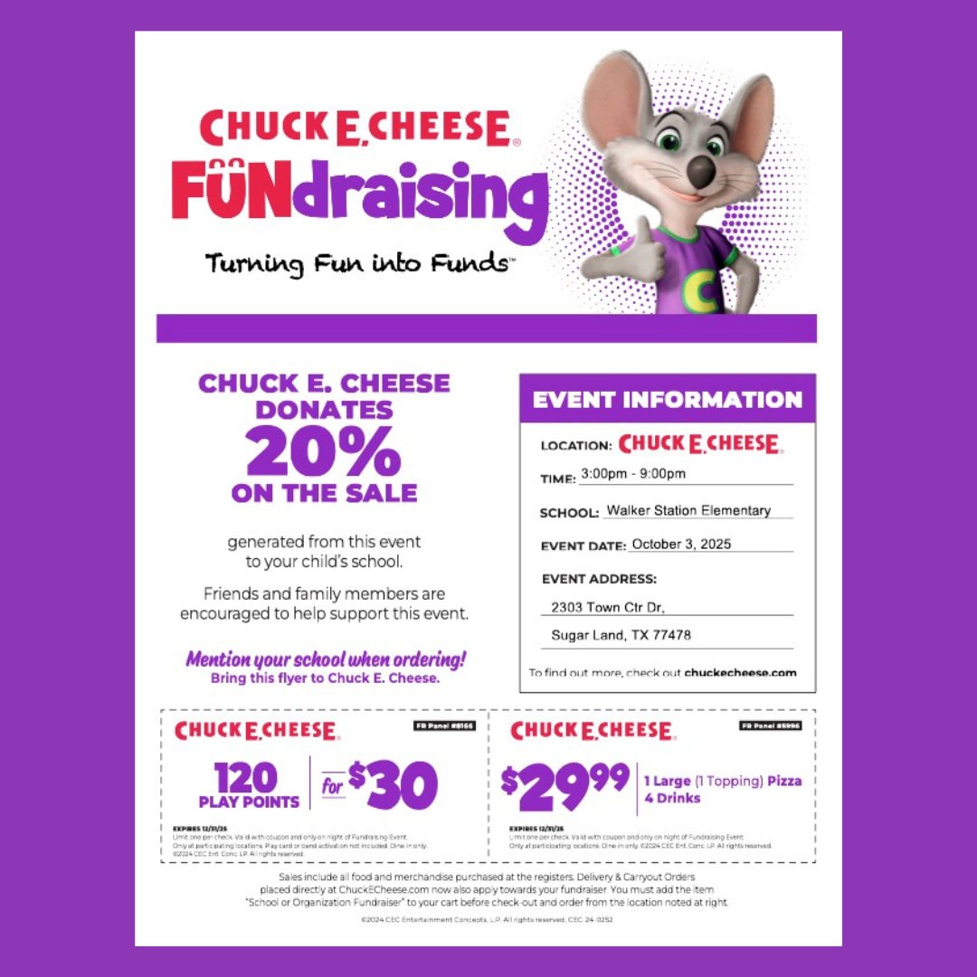 Did you see Chuck at pickup today?! He's ready to welcome WSE students tonight at Chuck E. Cheese in Sugar Land. Please be sure to print out the flyer (available on wse-pto.org) to bring with you. See you there!