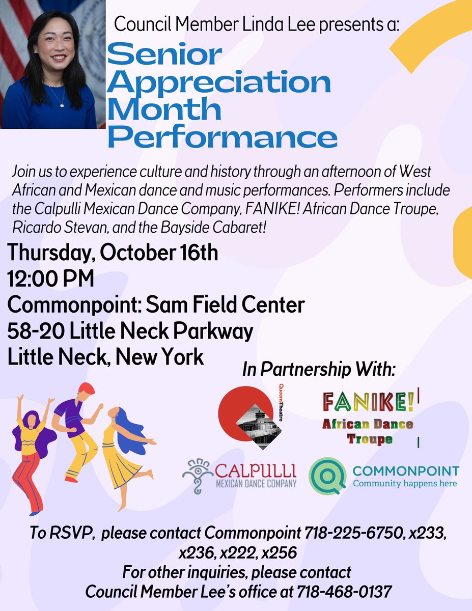 CMLindaLee's tweet image. We are proud to partner with the Queens Theatre and @Commonpoint_Qns to host an afternoon of performances on October 16th at 12:00 PM! See the flyer for more details!