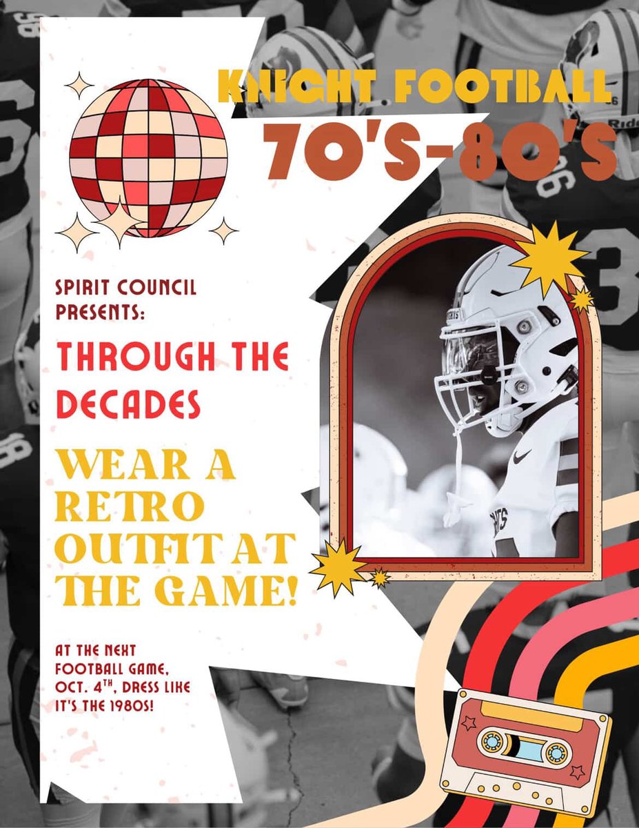 🚨 𝐓𝐇𝐄𝐌𝐄 𝐍𝐈𝐆𝐇𝐓 🚨
This Saturday at Knight Stadium → It’s Through the Decades: 70’s &amp; 80’s Night 🪩

📅 Oct. 4
📍 Knight Stadium

👕 Wear your best retro fit + show your Knight pride!