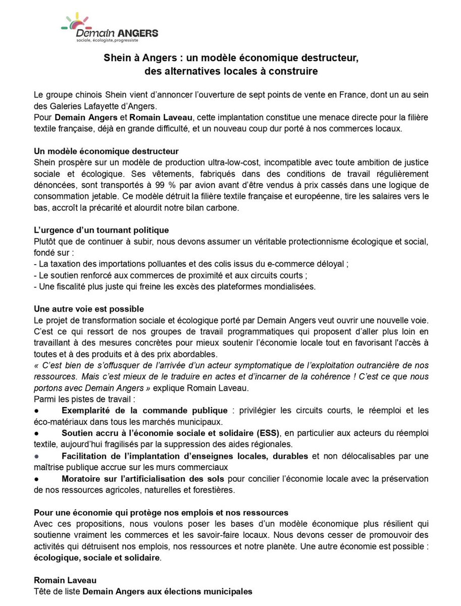 RomainLaveau's tweet image. Avec @demainangers nous appelons SGM (Société des Magasins Généraux) à renoncer à l’implantation de #Shein à #Angers. Nous avançons des propositions pour soutenir nos #commerces locaux face à une concurrence devenue déloyale et pour renforcer l’ #économie locale.