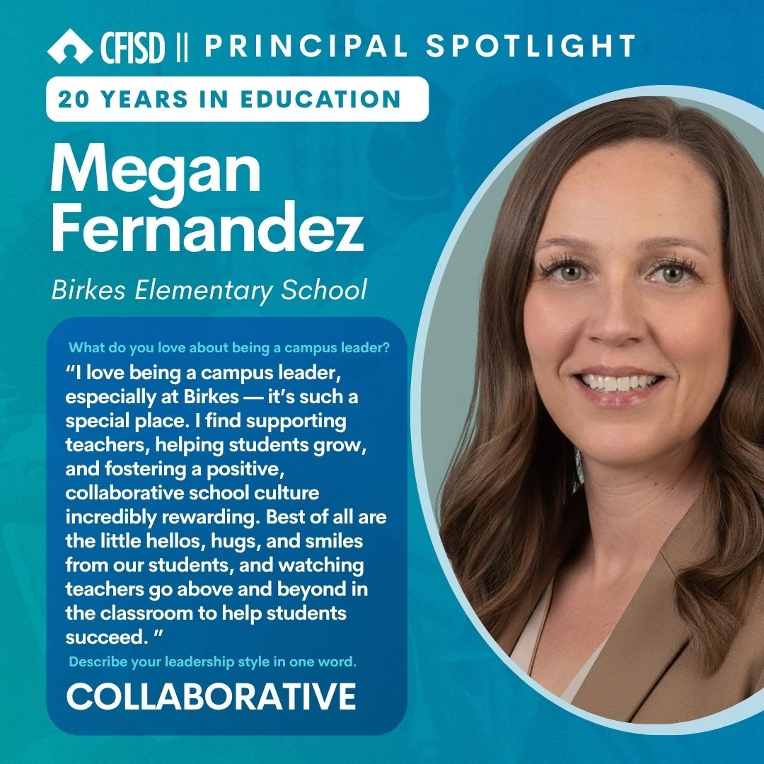 Megan Fernandez has proudly served as a principal at <a href="/BirkesCFISD/">BirkesBulldogs</a> for one year! 

We celebrate you, Ms. Fernandez! #CFISDSpirit 🎉#ChooseCFISD #ThankaPrincipal