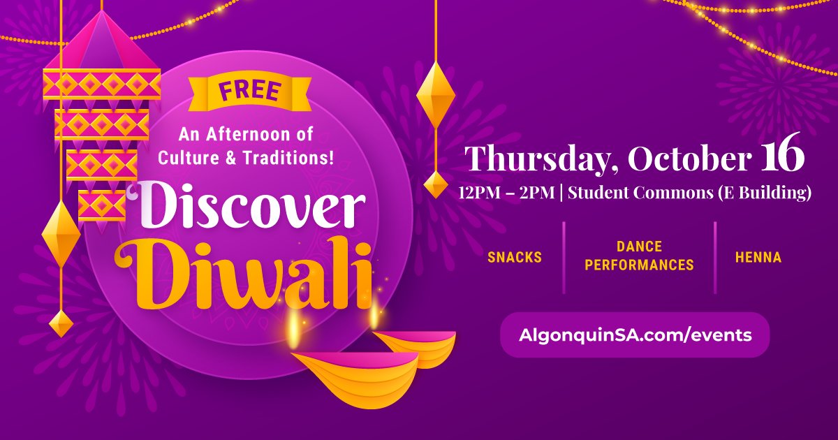 🪔✨ Light up your October with a burst of colour and culture at our Discover Diwali event happening in the Student Commons (E Building) on October 16 from 12 to 2 pm!

An afternoon full of:
🌈 Bold colours
💃🏽 Dance performances
🎨 Rangoli art
🌿 Henna
☕ Cozy chai bar, Indian