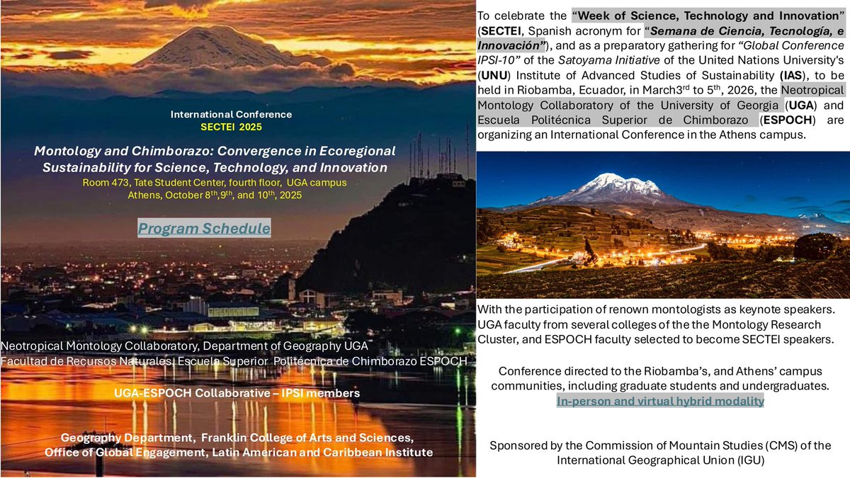 IGU_CMS's tweet photo. Excited to share that IGU-CMS proudly sponsors the conference: Montology &amp; Chimborazo: Convergence in Ecoregional Sustainability for Science, Technology &amp; Innovation.
📅 Oct 8–10, Athens
 #SECTEI week, bringing together international experts to advance the #montological approach https://t.co/mYaWXYUGYr