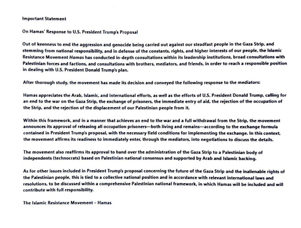 I read the Hamas statement.  It does not accept critical parts of Trump's plan, such as disarming or excluding Hamas from any role in Gaza's future.  

This is a "no."  It is a clever response that dangles the release of hostages so Israel and the US will be blamed for rejecting