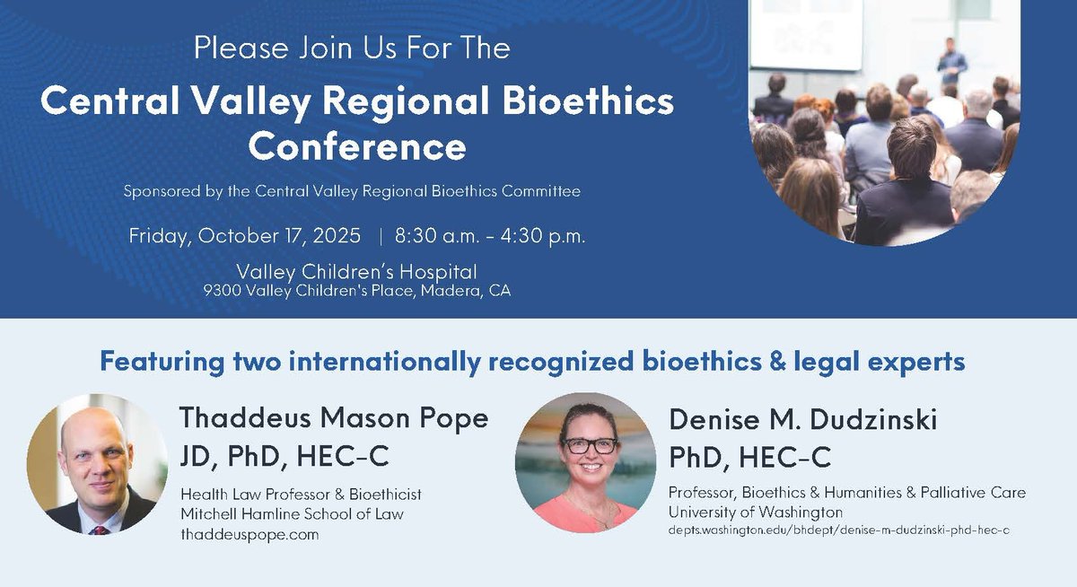 Inspire_mg's tweet photo. Attention providers and medical students! 📣
You're invited to the annual Central Valley Regional Bioethics Conference. 
This event will be held on Friday, October 17, at Valley Children's Hospital. For more information and registration details, visit https://t.co/7UmREI4Xe3 https://t.co/xVHRZwB0iQ