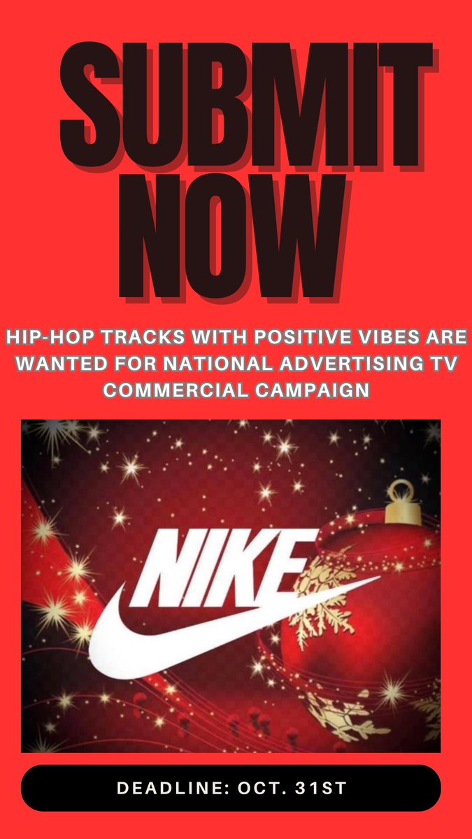 🎄A team of music supervisors engaged by Nike is actively looking for emotionally uplifting Hip-Hop songs with male or female vocals for a national holiday advertising campaign scheduled to run across broadcast, digital, and streaming platforms throughout the holiday season.