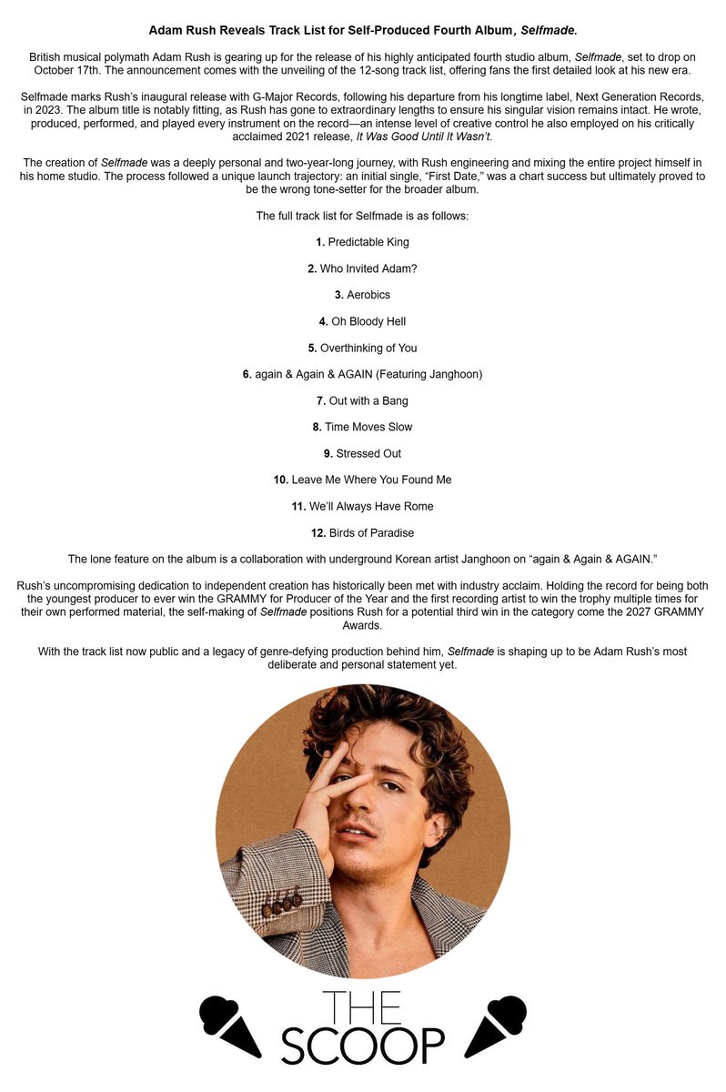 🍨 Adam Rush Reveals Track List for Self-Produced Fourth Album, Selfmade.