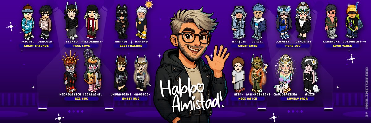 🎉💜 ¡Gracias a todos por participar en esta dinámica especial de #PortadaHabbo! 💜🎉

Hoy celebramos el cariño y la amistad que se viven en Habbo, y queremos felicitar a los afortunados que aparecen en la imagen 👇

✨ -XPIE. &amp; JARGUEN.
✨ ITEXTO &amp; -ALEJANDRA-
✨ YOEMAR &amp; KAR3NW