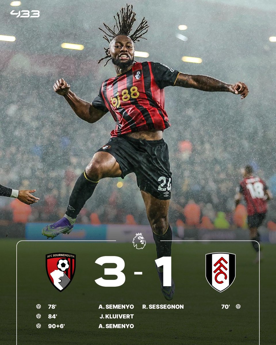 433's tweet image. Bournemouth move up to 𝐒𝐄𝐂𝐎𝐍𝐃 in the Premier League 👏🔥

⚽️⚽️🅰️ for Semenyo &amp;amp; 🚀 from Kluivert 🧨

What a job Andoni Iraola is doing at the Cherries! 🍒