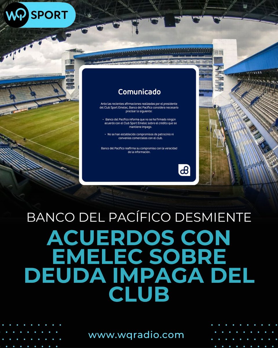🏦⚡ Este viernes 3 de octubre, el Banco del Pacífico aclaró que no existen acuerdos ni convenios con Emelec respecto a la deuda histórica del club.

💬 La directiva 'eléctrica' había informado sobre negociaciones para regularizar compromisos financieros heredados de