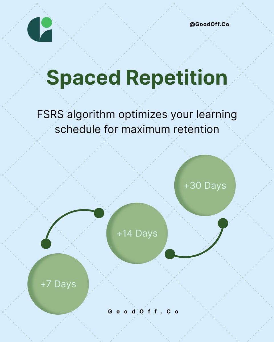 GoodoffInfo's tweet image. I used to reread the same notes again and again… and still forget everything right before exams. Painful.
Then I discovered spaced repetition. Instead of cramming, I review stuff at the right time, just when I’m about to forget it.
#SpacedRepetition #StudySmarter #GoodOffco