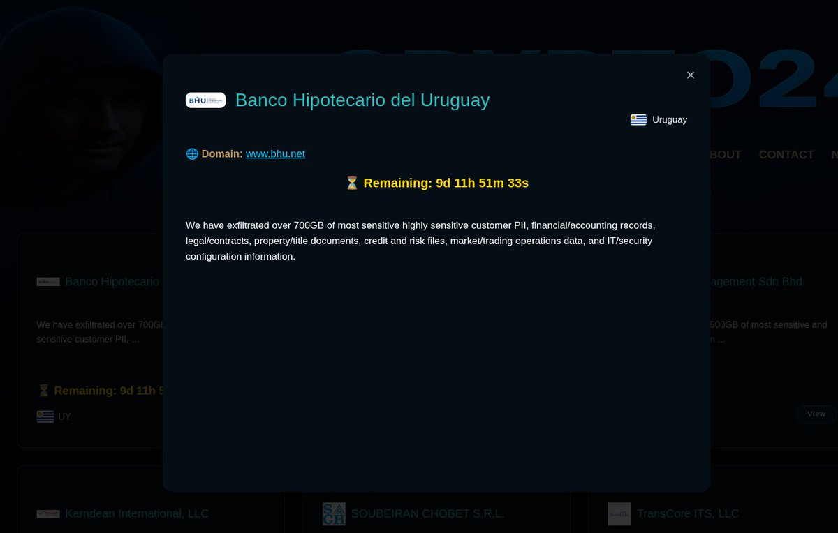El grupo de ransomware Crypto24 se adjudicó el secuestro de 700Gb de información sensible del BHU.
Cómo es habitual en este tipo de delitos han puesto plazo para cobrar el rescate. En este momento faltarían 9 días y 11 horas.
El banco detuvo su web, cobranzas y otros.