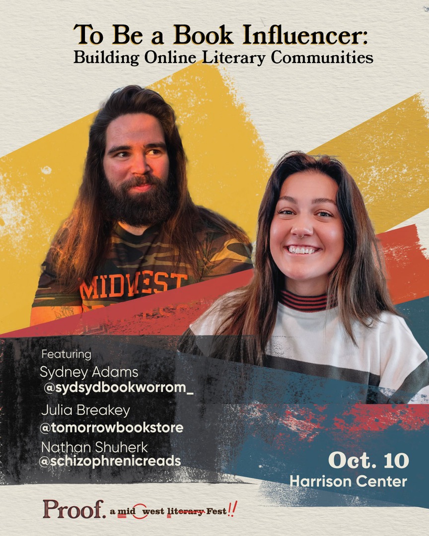INHumanities's tweet image. On Friday, Oct. 10, join Indy-based bookfluencers Sydney Adams and Nathan Shuherk for a conversation about online literary communities moderated by Tomorrow Bookstore&apos;s co-owner Julia Breakey. 

Learn more about their talk at the Harrison Center: indianahumanities.org/event/to-be-a-…