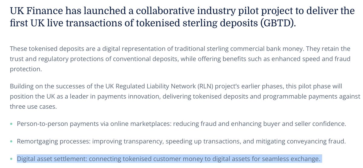 You can put Quant's Fusion network under "Digital Asset Settlement".

We'll see proper tokenized fiat in the form of tokenized deposits for the first time. 

Deposits offer absolute safety for covered amounts (a 100% vs. <100% edge), making them infinitely more reliable for