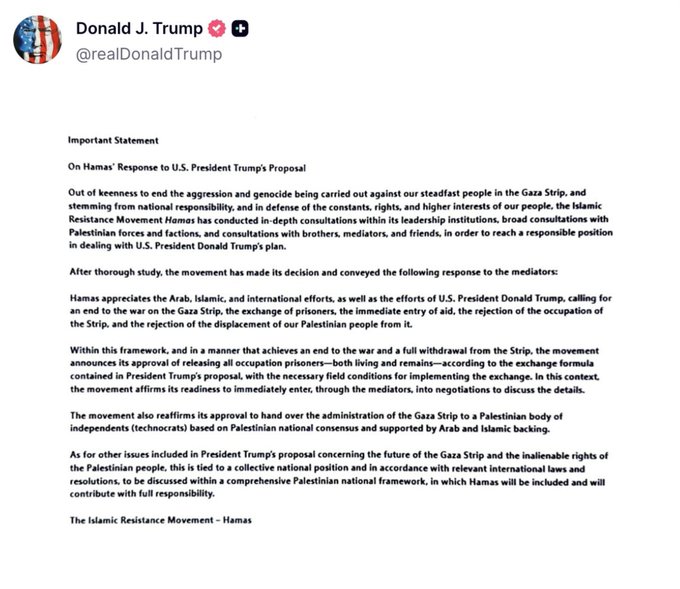 A document with text stating "Donald J. Trump" at the top, followed by a Twitter handle @realDonaldTrump. The text includes "Important Statement" and details about a proposal response from Hamas regarding the Gaza Strip, mentioning Islamic Resistance Movement and U.S. President Donald Trump. A circular logo with a red and white design is visible in the top left corner.