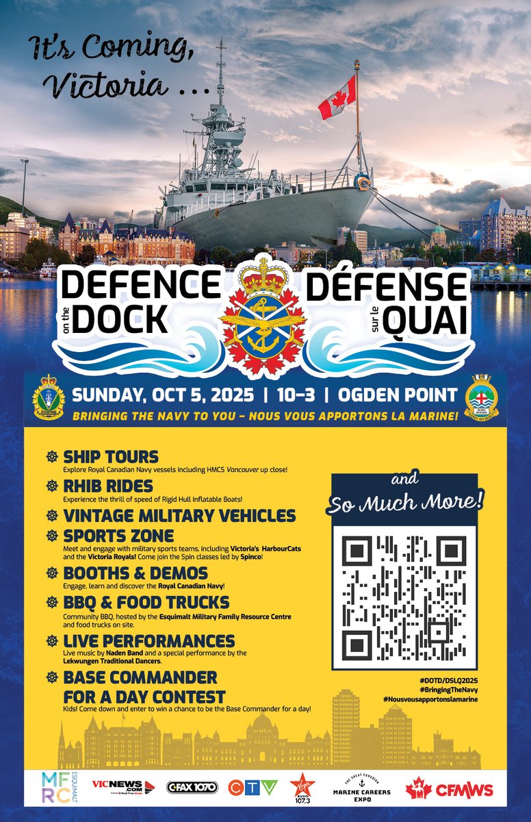 HarbourCats's tweet image. Looking for something unique to do Sunday? Come out and see us at "Defence on the Dock" at Ogden Point! This is CFB Esquimalt's signature Open House event, bringing  the Navy to the Community!

DETAILS: canada.ca/en/navy/campai…

#YYJ #HarbourCats #YYJHarbourCats #cfbesquimalt