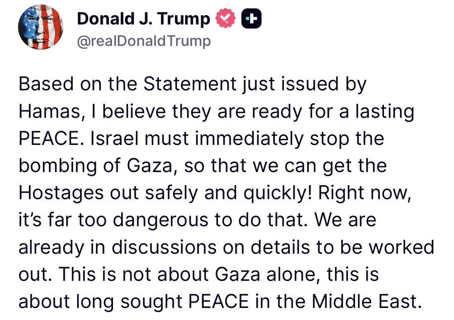 Wow. Great statement by Trump! Israel must stop the bombing immediately!!!