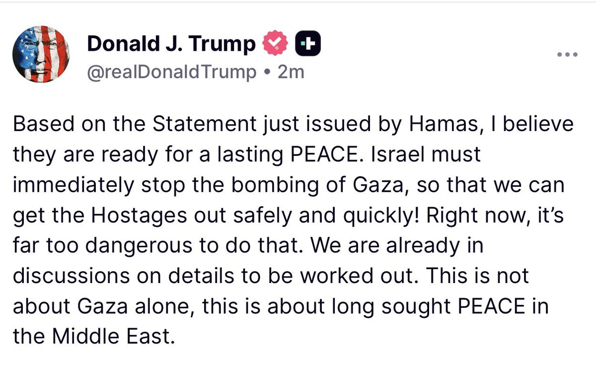 🚨Trump calls on Israel to “immediately stop the bombing of Gaza” to get “the Hostages out safely and quickly”