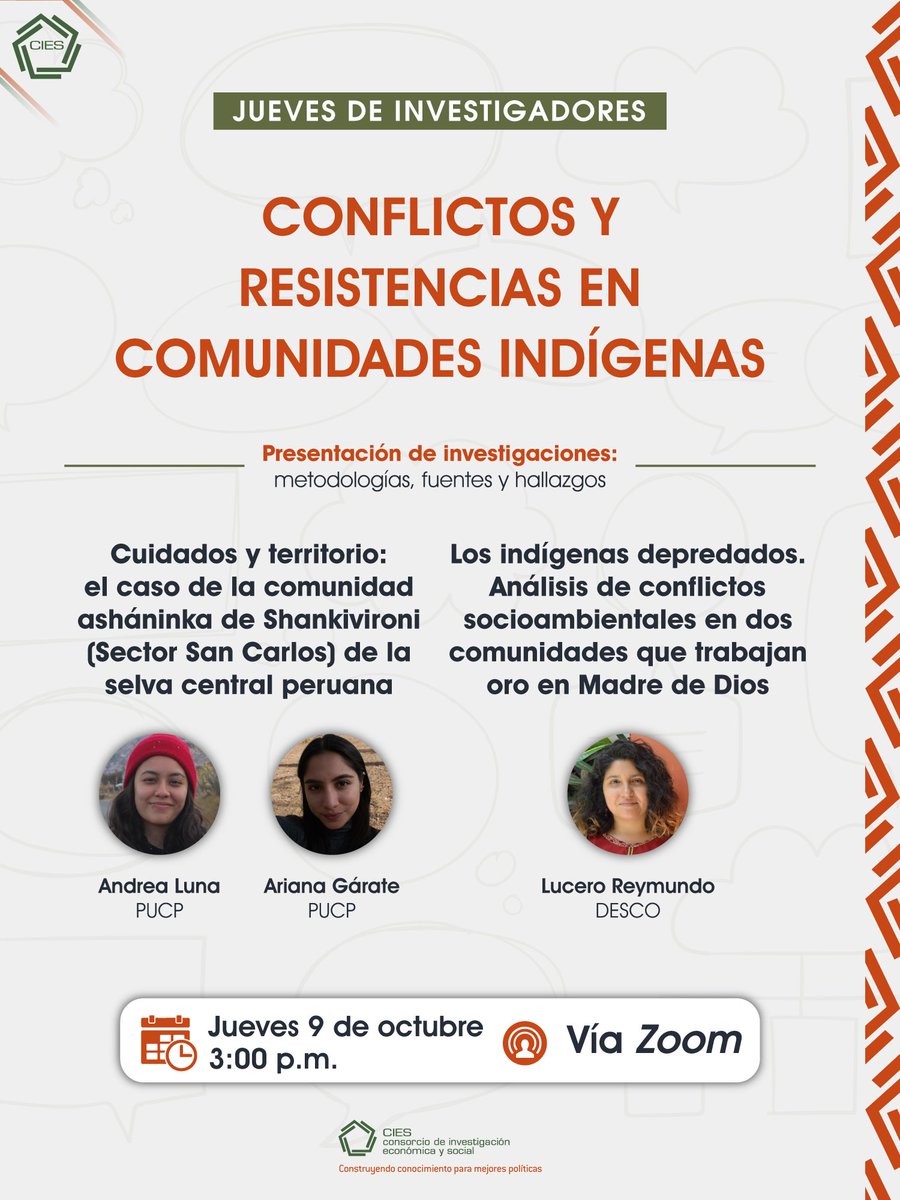 🔎 #JuevesDeInvestigadores | Conflictos y resistencias en comunidades indígenas

Si te interesa conocer más sobre metodologías, fuentes y hallazgos de estas investigaciones, no te pierdas esta jornada académica.

Se presentarán:
👉 Cuidados y territorio: el caso de la comunidad