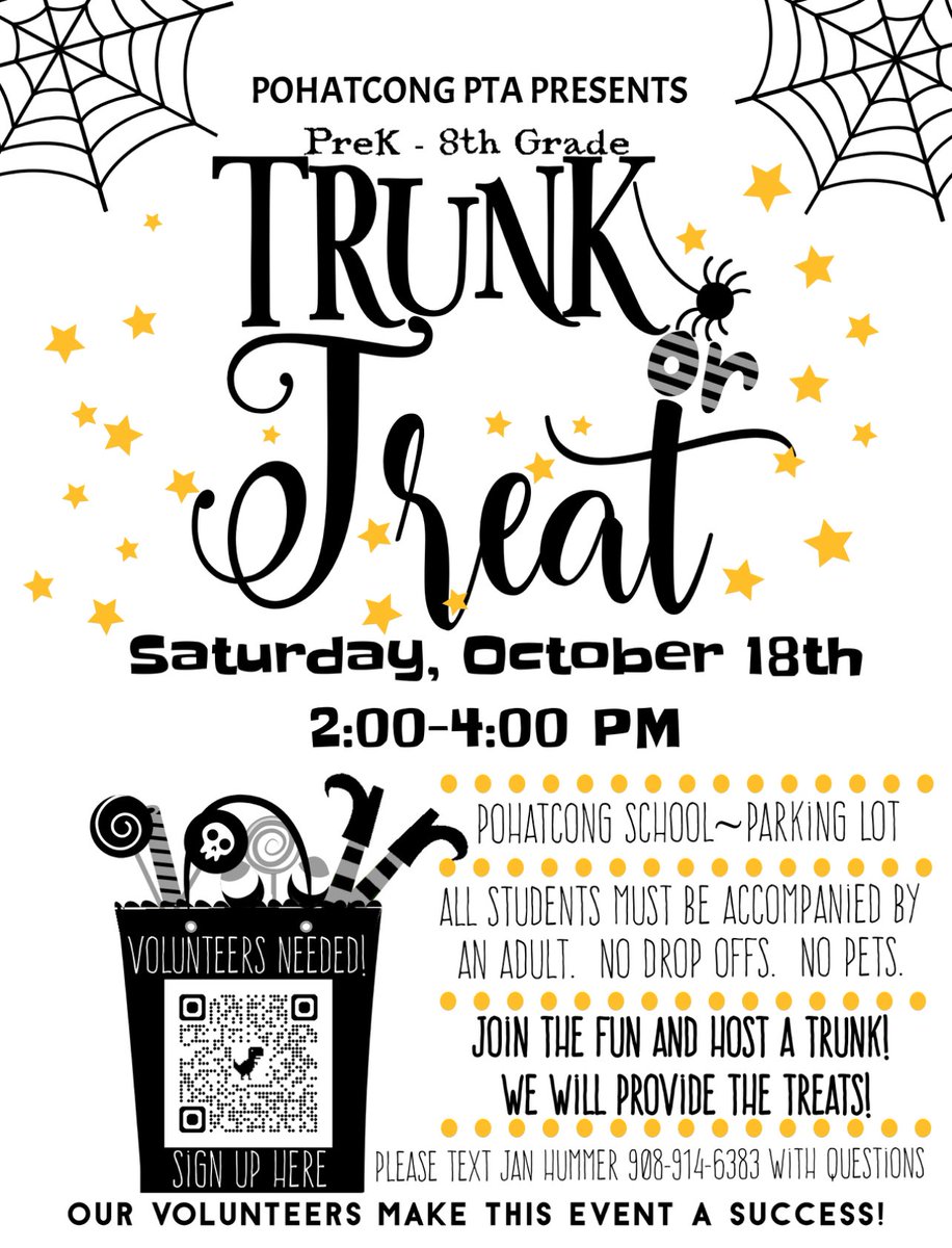 🎃 Trunk or Treat is set for Saturday, October 18th from 2-4PM! This is such a fun event for the PreK-8th Grade students at Pohatcong, so please consider hosting a trunk or donating some treats (link below). 👻

m.signupgenius.com/#!/showSignUp/…