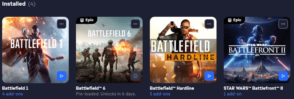 Pre-loading not available on Epic is misleading!

You buy on there and it all goes into the EA app.
It's all downloaded here and ready to go! It's the same for old Battlefront2 for me!

#Battlefield6 <a href="/BFBulletin/">Battlefield Bulletin</a> <a href="/Battlefield/">Battlefield</a> <a href="/T0TALfps/">Kevin Johnson</a> <a href="/FrederikDrabert/">Frederik Drabert</a> <a href="/Lex_mate/">Alexia Christofi</a> <a href="/VeteranGamersCo/">Veteran Gamers Collective</a>
