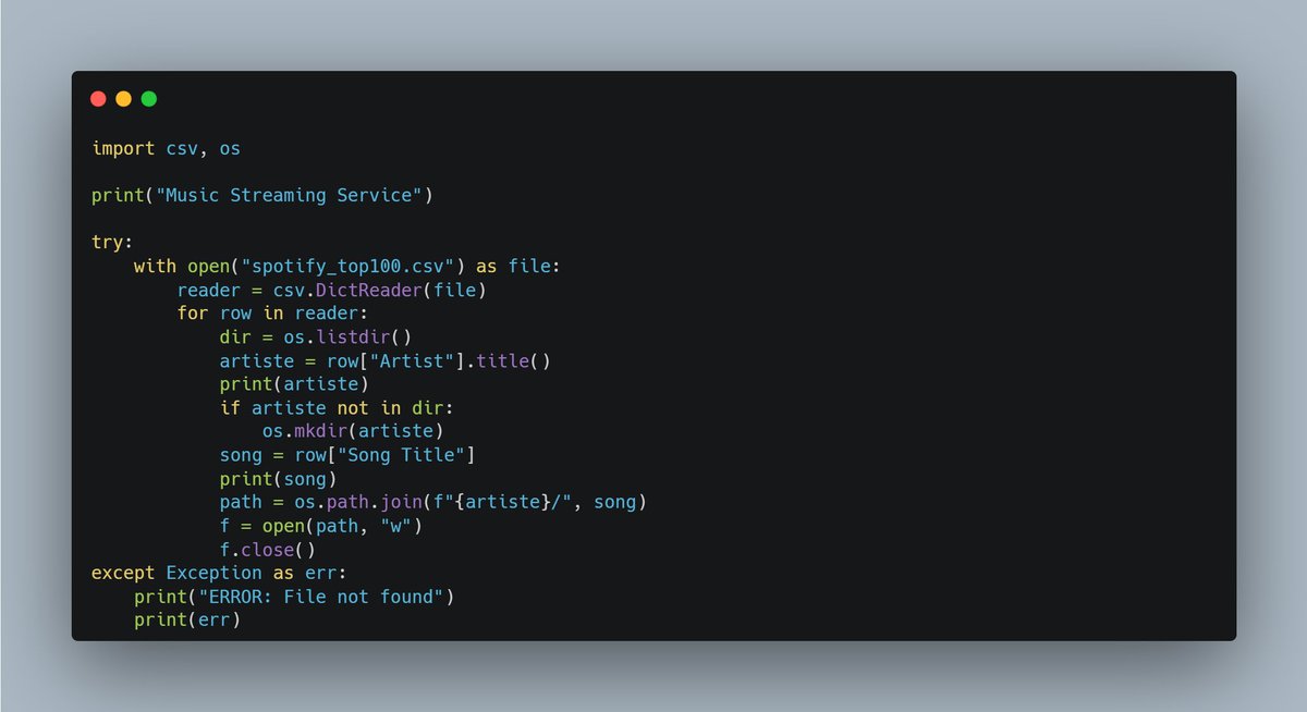 dkingony's tweet image. Day 56 of 100
Project Day👨🏾💻
Today, I worked on a music streaming service using csv and the os libraries. Read the contents of the csv file, created directories for each artiste and added the songs into each artiste folder 📂
#Replit100DaysOfCode #100DaysOfCode #buildinpublic