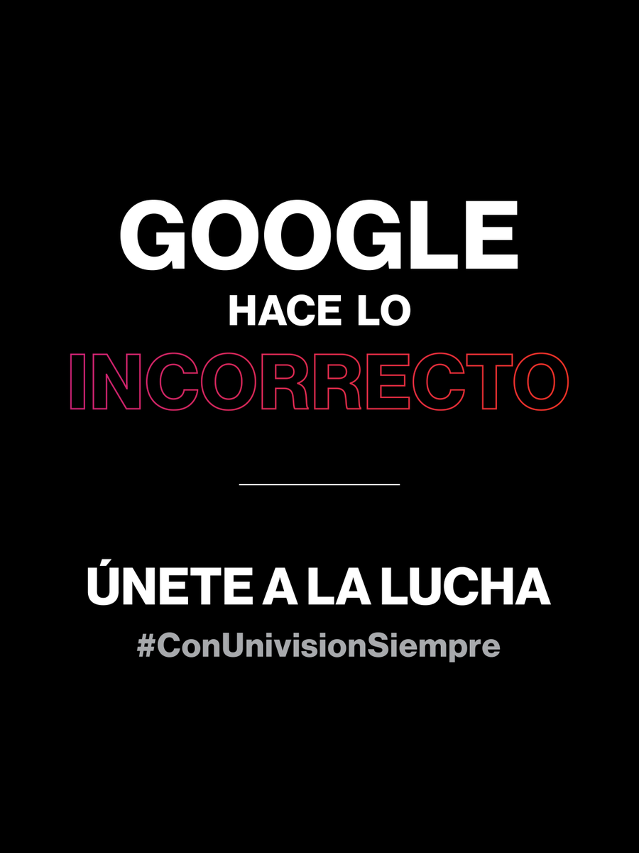 La lucha continúa. En @TelevisaUnivision nos mantenemos firmes defendiendo a nuestra comunidad, para que su voz cuente y nunca pierda el acceso que merece al contenido que forma parte de su día a día. Súmate y dile a Google que haga lo correcto. #ConUnivisionSiempre