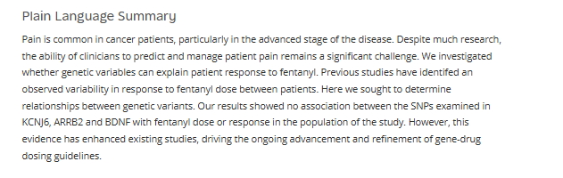 Jen, PhD Executive Editor (@drjkyl) on Twitter photo A Preliminary Prospective Study on the Association of Polymorphisms in BDNF, ARRB2 and KCNJ6 and Response to Fentanyl for Pain Management in Advanced Cancer
<a href="/CancerControl_/">Cancer Control</a>
<a href="/SageJournals/">Sage Journals</a>
journals.sagepub.com/doi/10.1177/10…
#cancercare #dosingguidelines #pharmacogenomics A Preliminary Prospective Study on the Association of Polymorphisms in BDNF, ARRB2 and KCNJ6 and Response to Fentanyl for Pain Management in Advanced Cancer
<a href="/CancerControl_/">Cancer Control</a>
<a href="/SageJournals/">Sage Journals</a>
journals.sagepub.com/doi/10.1177/10…
#cancercare #dosingguidelines #pharmacogenomics