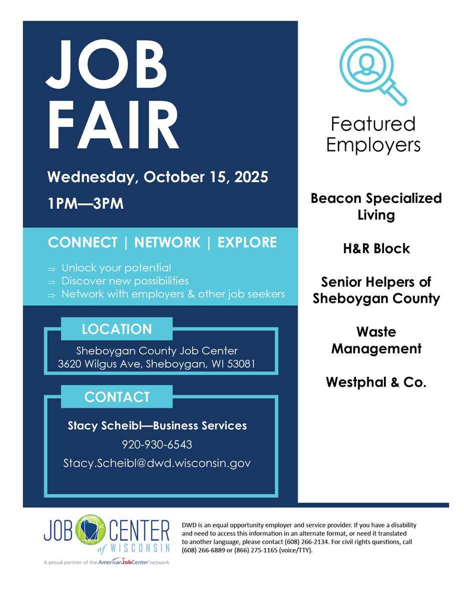 ShebJobCenter's tweet image. Make plans to attend the October Job Fair at the Sheboygan Job Center on 10-15-25 from 1-3pm.