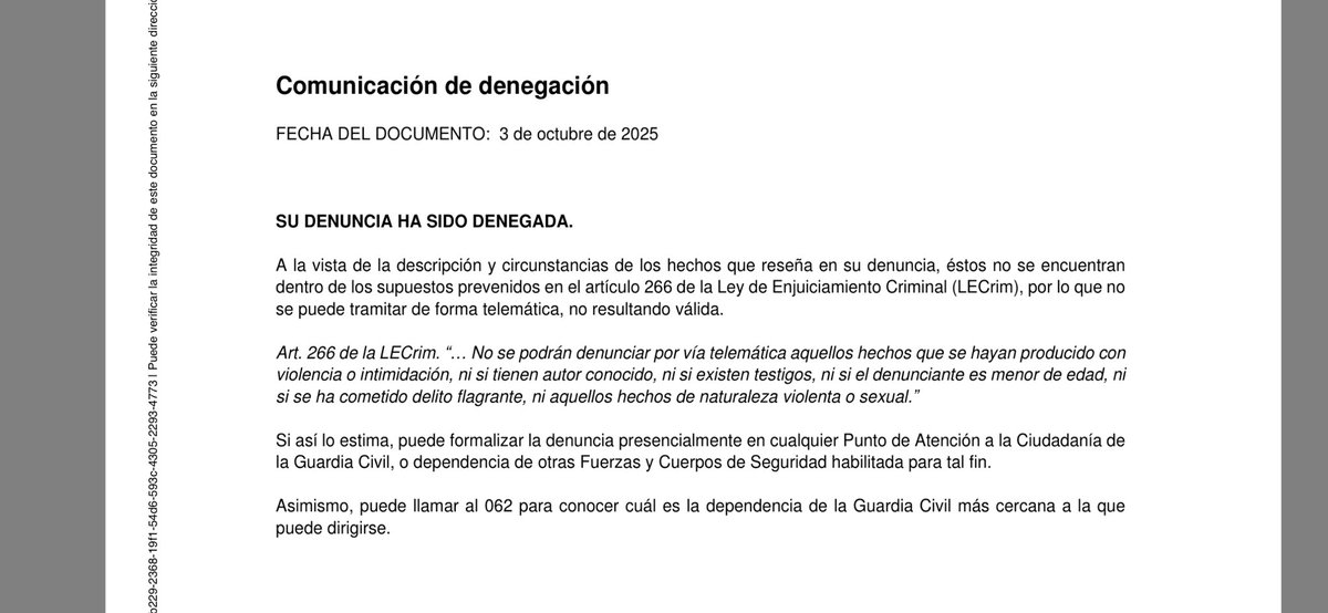 Jmaespinosa's tweet photo. Denuncio en @guardiacivil una web con todo el perfil de ser fraudulenta tardo más de 1/2 hora en formular la denuncia debido a lo lenta y compleja que es la web https://t.co/73CZjMr7q2 y me contestan con esto. Indignante que toda la administración funcione igual de mal. https://t.co/VPmnuxXDMH